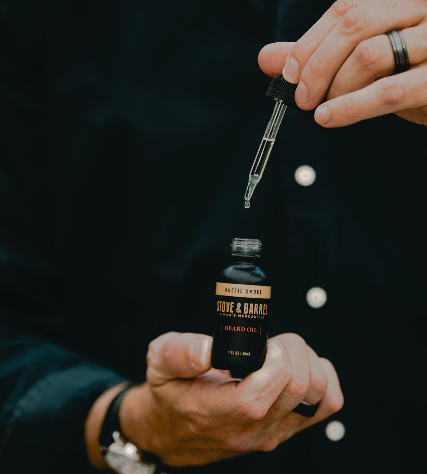 Rustic Smoke beard oil drop from dropper, nourishing men's grooming with Jojoba & Vitamin E