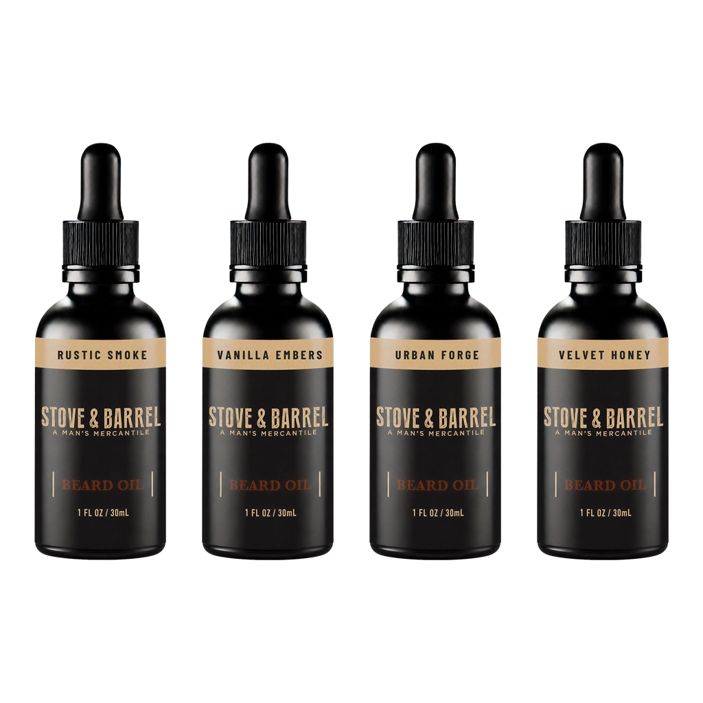 Four Stove & Barrel beard oil bottles in Rustic Smoke, Vanilla Embers, Urban Forge, and Velvet Honey scents