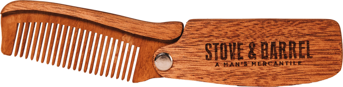 Wooden folding beard comb with Stove & Barrel branding, ideal for men's grooming and travel