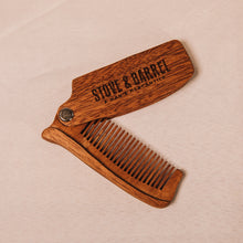 Wooden folding beard comb with Stove & Barrel engraving, ideal for men's grooming and travel