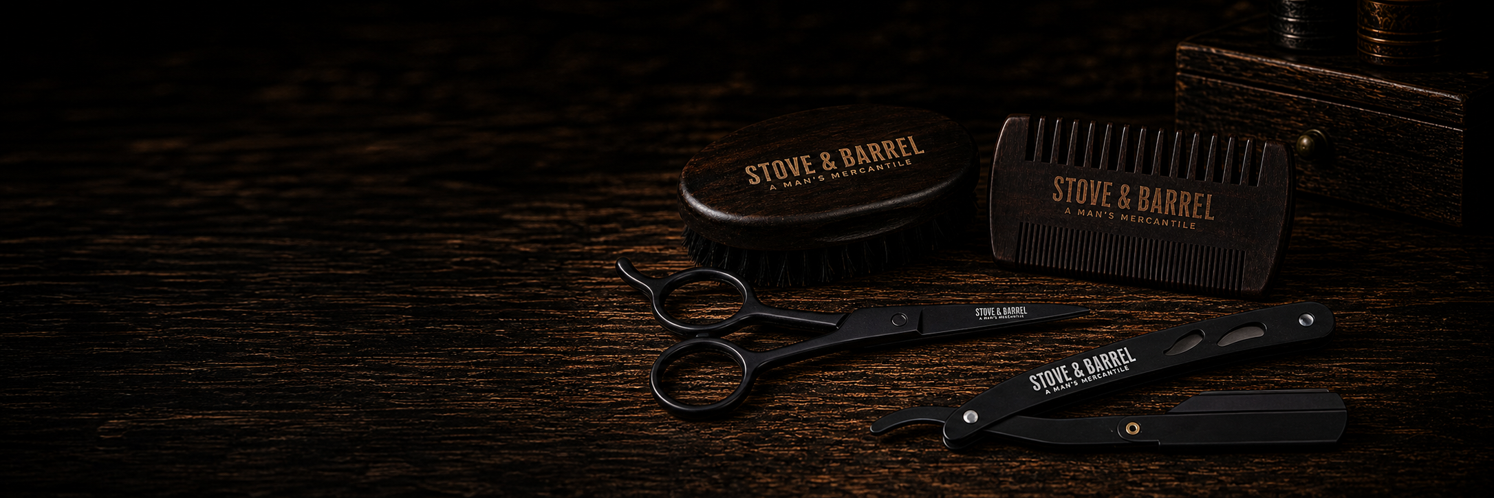 Premium men's grooming tools: beard comb, brush, scissors, and straight razor on dark wood
