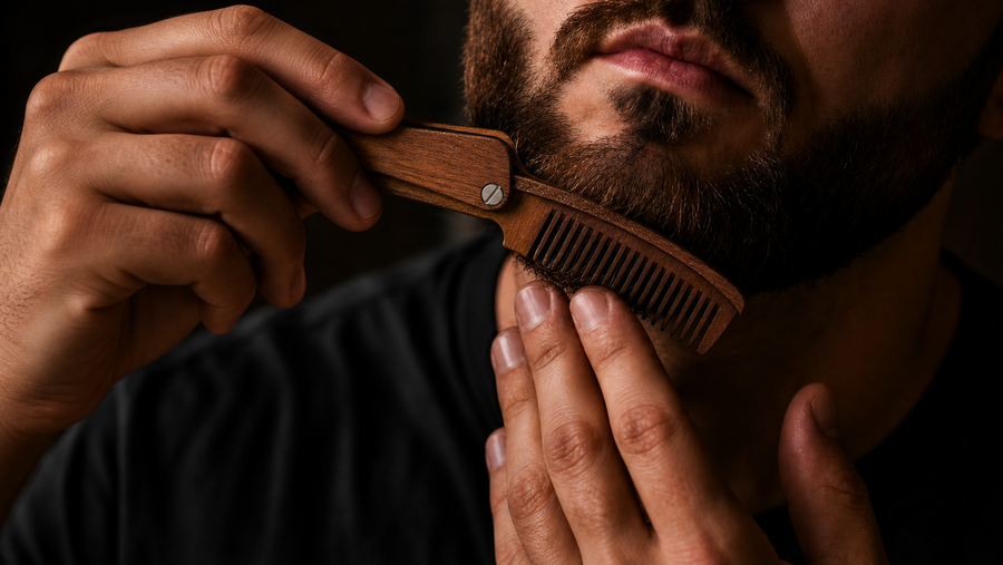 Man grooming beard with wooden comb, showcasing premium beard care routine for modern masculinity