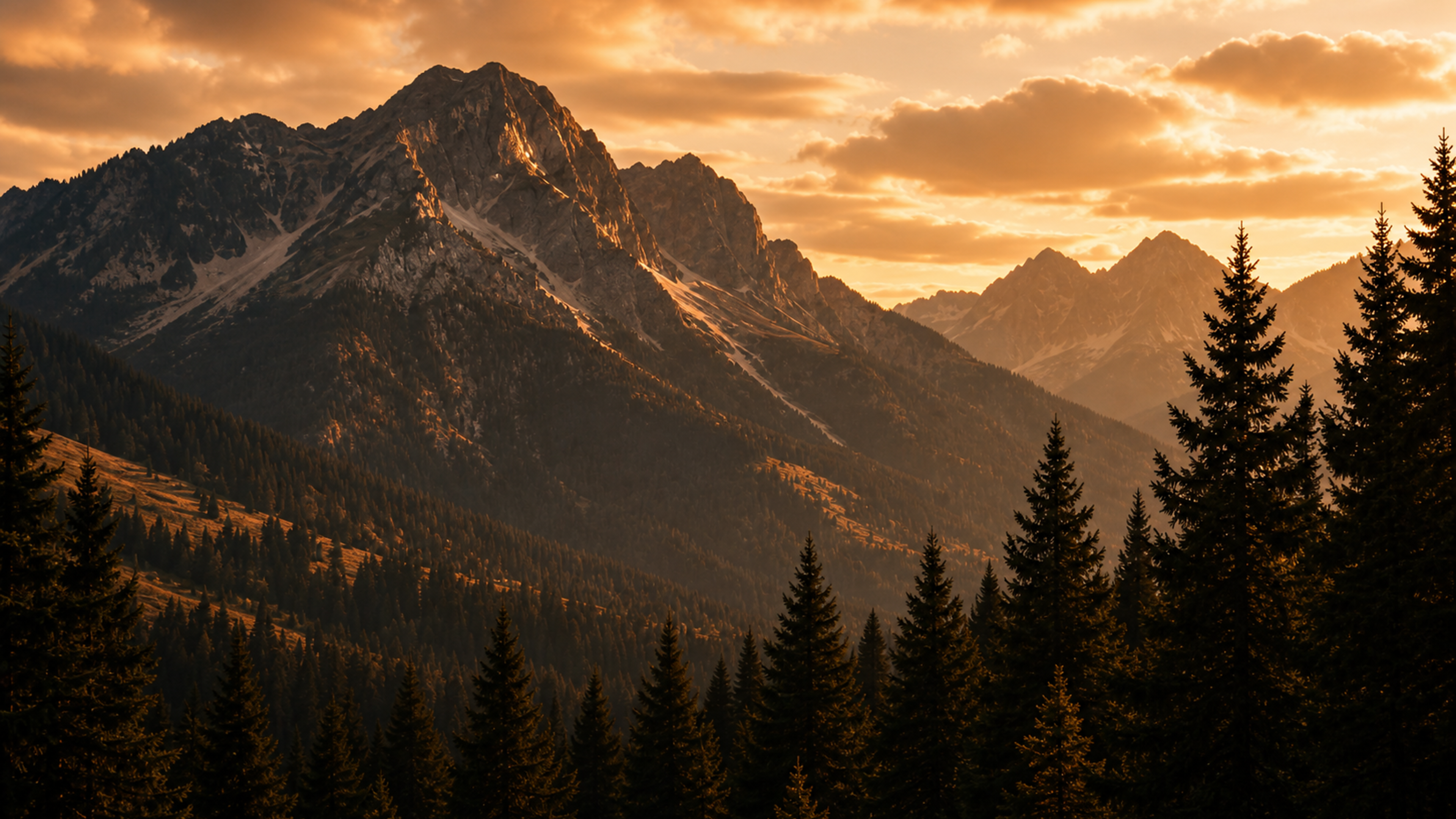 Golden sunset over rugged mountains and pine forest, evoking bold, natural scents for modern grooming.