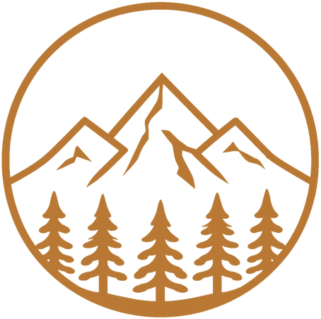 Mountain and pine forest logo design for men's grooming products