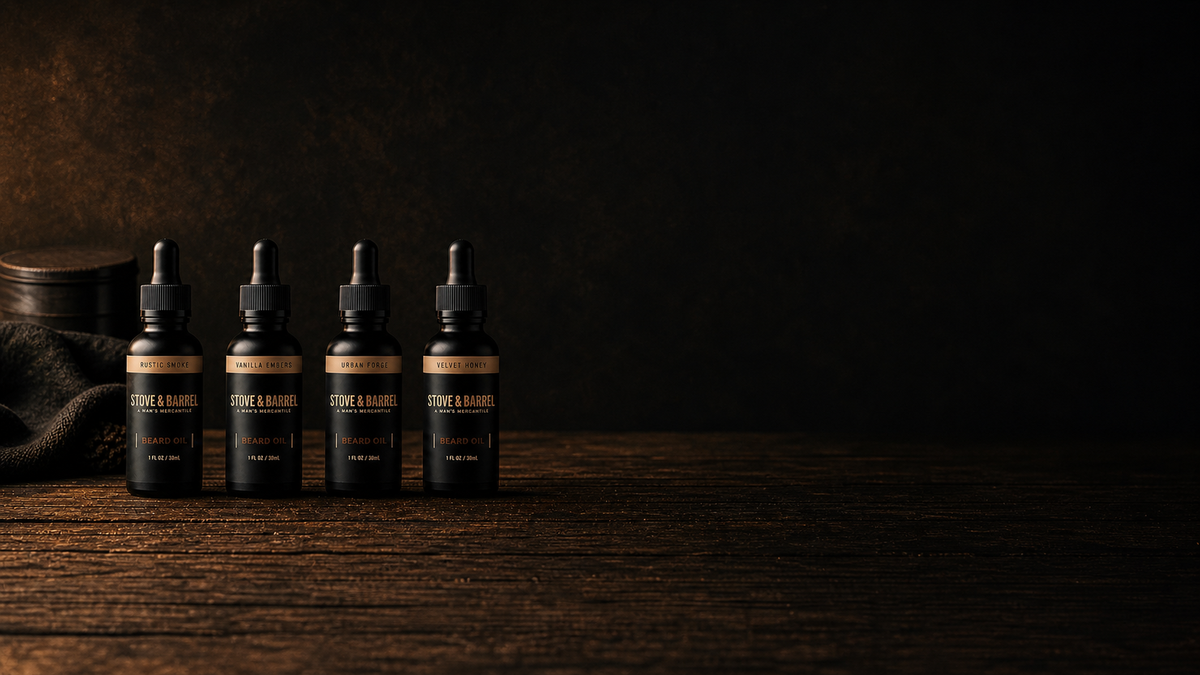 Four bottles of Stove & Barrel beard oil in rustic smoke, vanilla embers, urban forge, and velvet honey scents on dark wood.