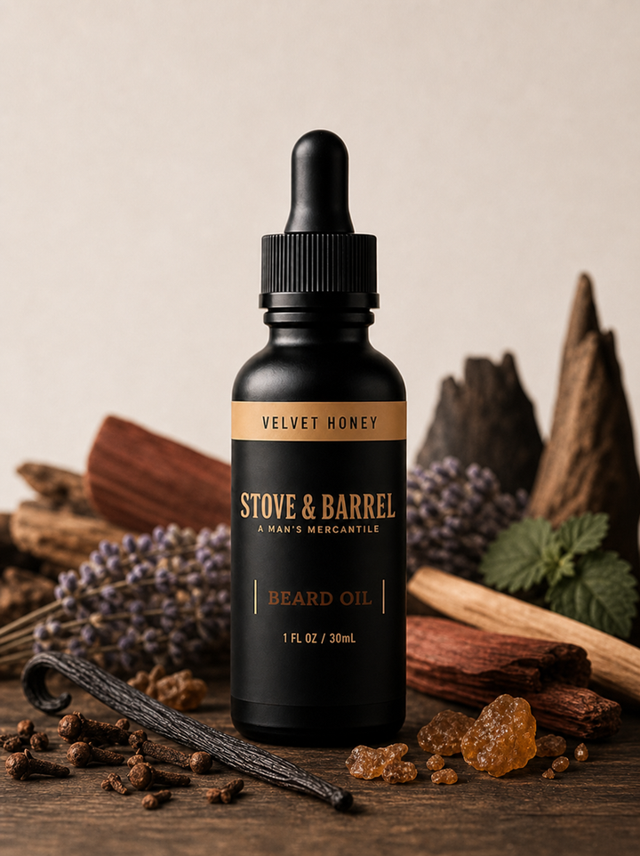 Velvet Honey beard oil in black dropper bottle with vanilla, cloves, and lavender, for men's grooming
